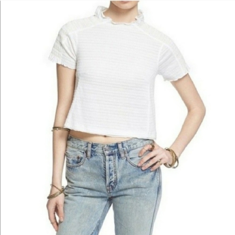 Free People White High Ruffle Neck Crop Top